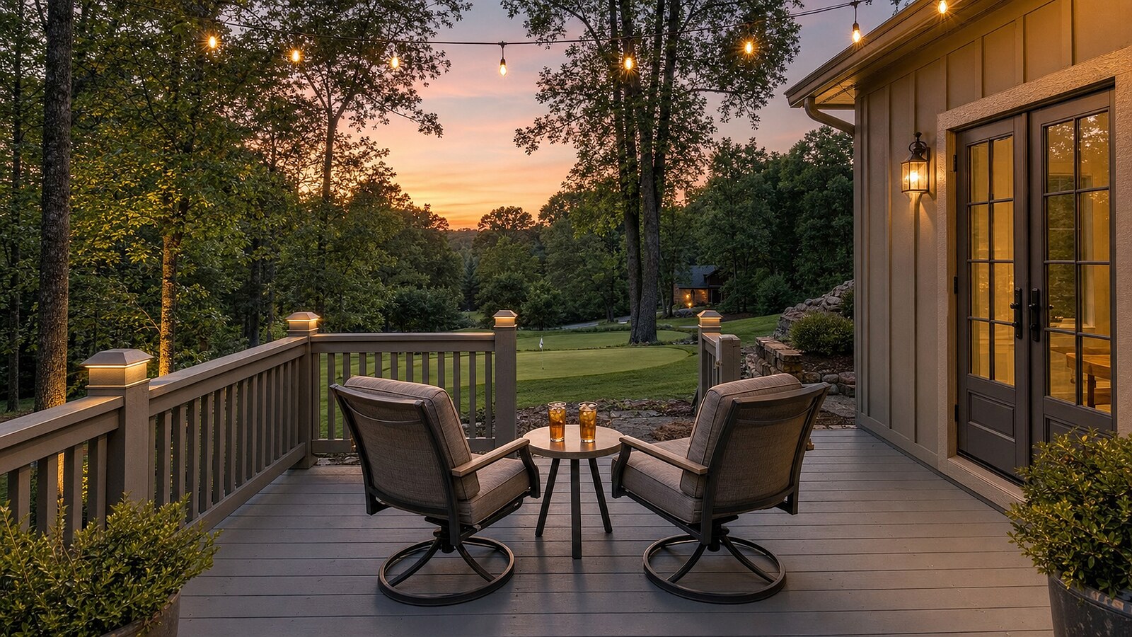 The wraparound deck at The Wilkshire House after dark, string lights glowing overhead above lounge seating and a table set with glasses