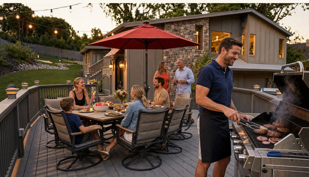 Guests gathered on the deck at dusk under string lights: chef grilling, wine on the table, and warm windows glowing from the estate behind