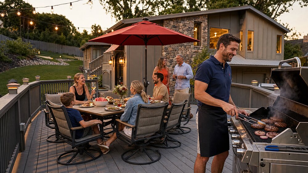 A family gathered on the wraparound deck at The Wilkshire House around the grill, children at the table and adults standing with drinks in hand