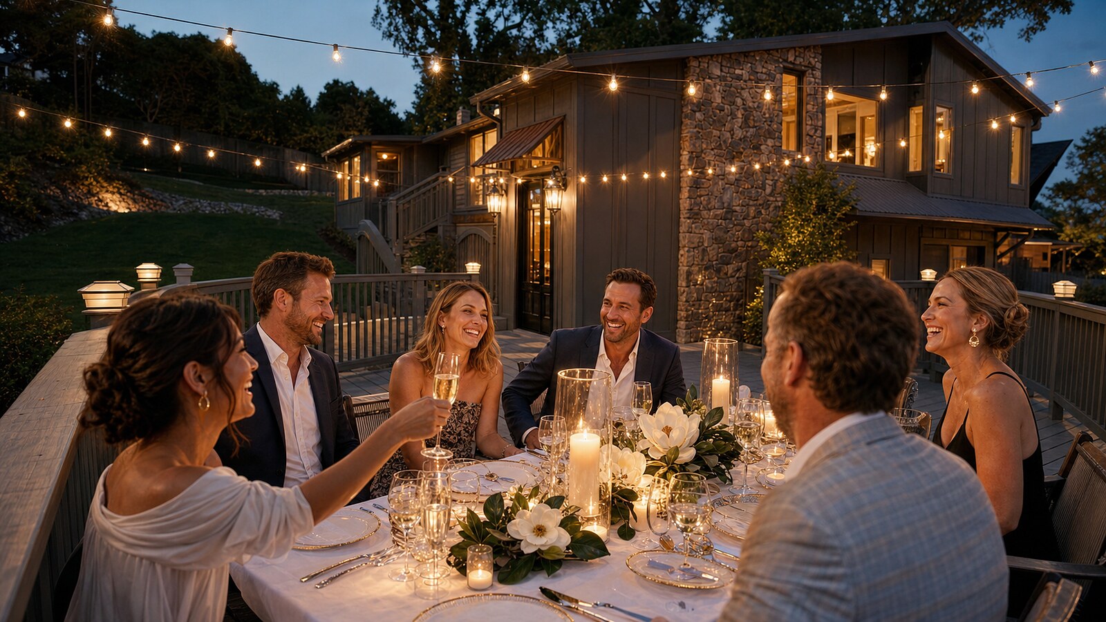 A long table set for dinner on the wraparound deck at The Wilkshire House, a group seated with wine glasses under warm string lights
