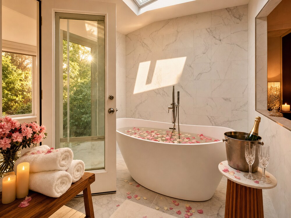 Master soaking tub with rose petals, chilled champagne and two flutes, candles, and a pink azalea bouquet