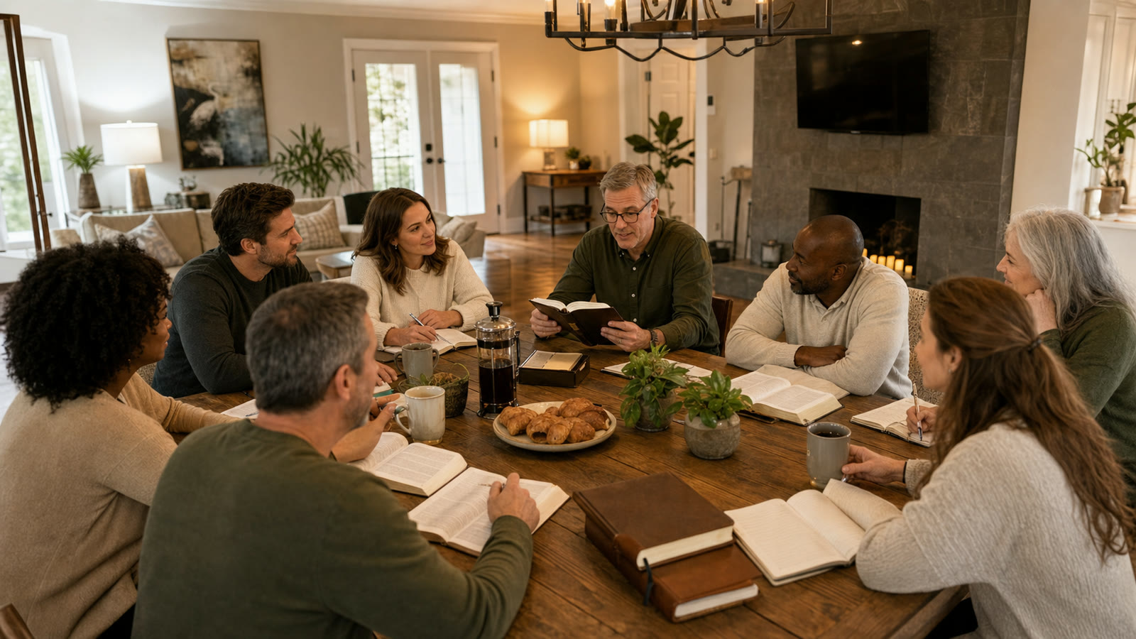A group of colleagues working around the long study table in the sunroom at The Wilkshire House, notebooks and coffee cups on the table and afternoon light coming through the windows