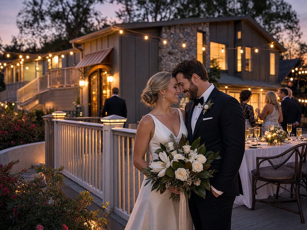 A newly married couple standing together on the wraparound deck at The Wilkshire House at golden hour, the bride holding a bouquet of white blooms