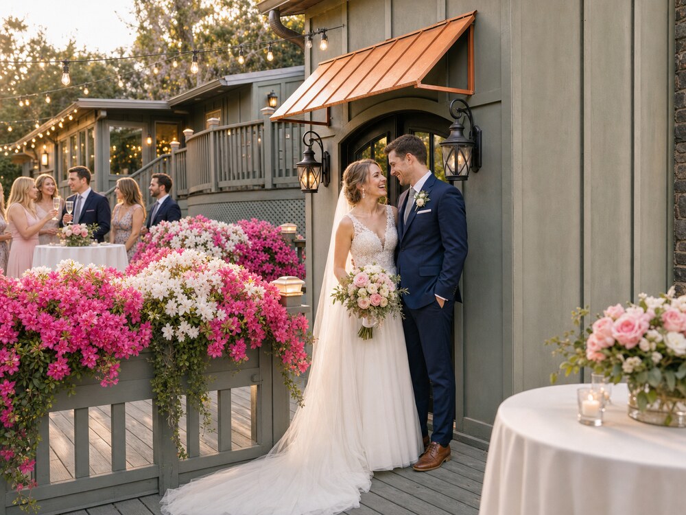 A bride and groom on the front deck at golden hour, string lights above and azaleas along the rail